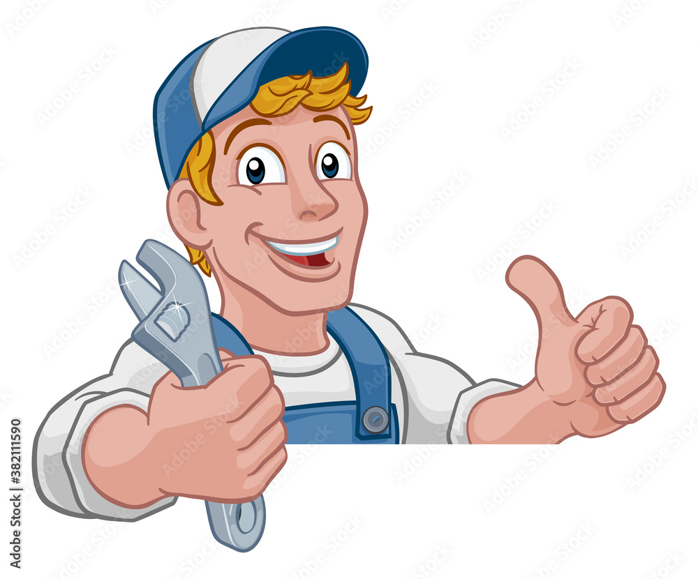 Mechanic plumber maintenance handyman cartoon mascot man holding a