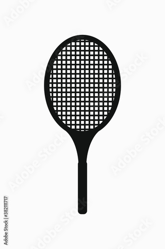 A black vector icon of a tennis racquet on a white background. Tennis racket symbol.