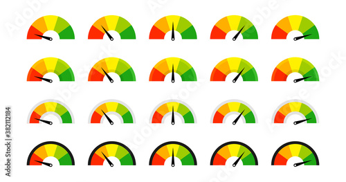 Feedback meter vector set in flat style. Colour speedometer colection icon. Performance measurement illustration