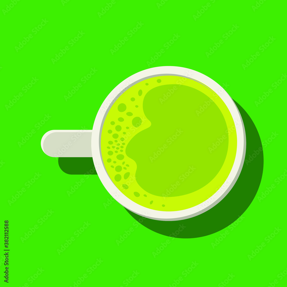 Fototapeta premium A vector illustration of a cup with matcha tea on a green background. Japanese green matcha tea flat design vector with shadow.