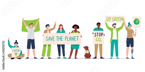 Environmental activists draw attention to climate change. People with posters on demonstration. Protesters, climate change, save our planet. Vector flat illustration.