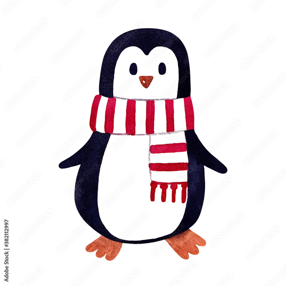 Fototapeta premium Cute penguin with stripped scarf. Funny animal. Isolated hand painted watercolor illustration on white background