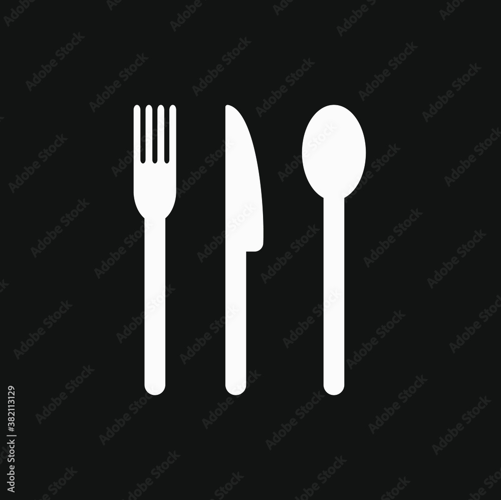 A white vector icon of cutlery on black background. Fork, spoon, and knife vector illustration. A white vector icon of cutlery on black background. Fork, spoon, and knife vector illustration.