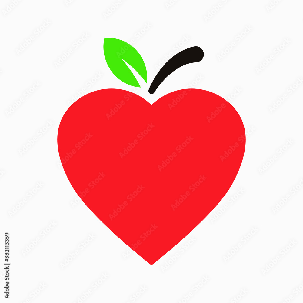 A vector icon of a red heart shaped apple with green leaf on white background. A vector icon of a red heart shaped apple with green leaf on white background.