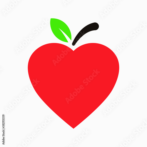 A vector icon of a red heart shaped apple with green leaf on white background.