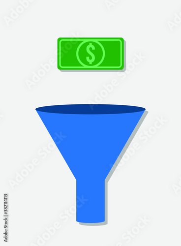 A vector illustration of a blue funnel and green US dollar banknote on a white background.