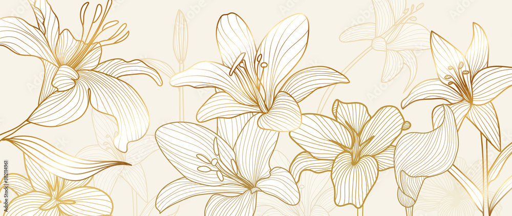 luxury vintage floral line arts golden wallpaper design. Exotic botanical wallpaper, vintage boho style for textiles, fabric, paper, banner website, cover design Vector illustration. - obrazy, fototapety, plakaty 