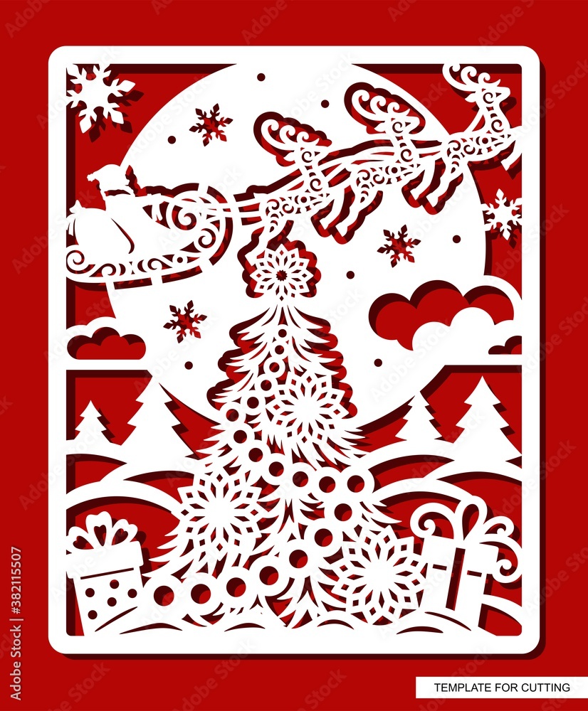 Christmas picture with tree, gifts, santa in a sleigh, deer, snowflakes, night stars, drifts, clouds, moon. Template for laser cutting (cnc), wood carving, paper cut or printing. Vector illustration. Christmas picture with tree, gifts, santa in a sleigh, deer, snowflakes, night stars, drifts, clouds, moon. Template for laser cutting (cnc), wood carving, paper cut or printing. Vector illustration.