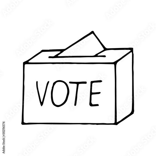 ballot paper into the box and lettering vote sketch icon, sticker, poster, hand drawn vector doodle, minimalism, monochrome. single element for design. elections