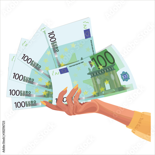 Euro. Hand holds 100 euro bills. Cash in female hand isolated on white background. Business project 