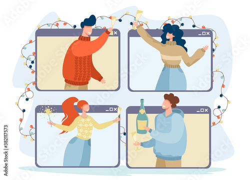 Friends celebrating the new year online. Party online, video call. New Year's card. Quarantine, isolation. Vector illustration.