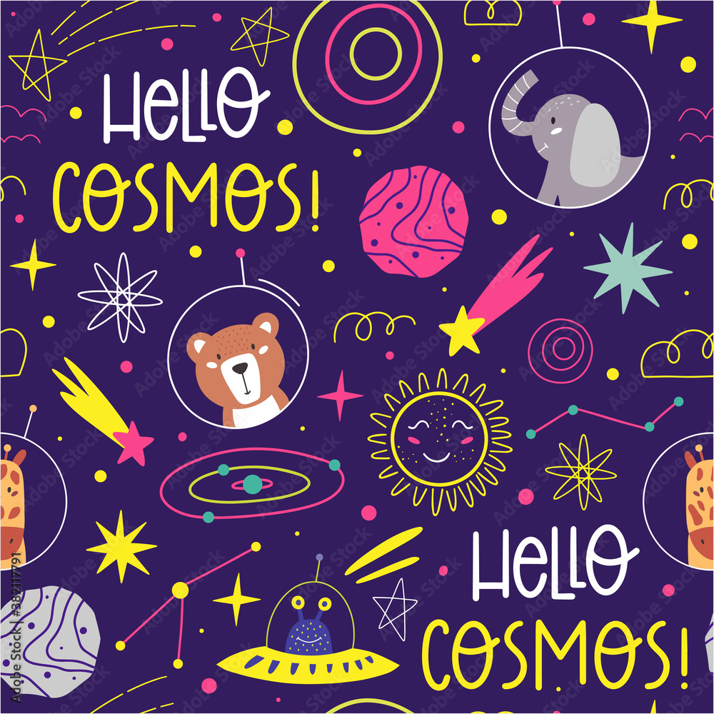 Hand drawn space elements seamless pattern. Cosmos exploration. Space animal clipart with typography.  Vector illustration.