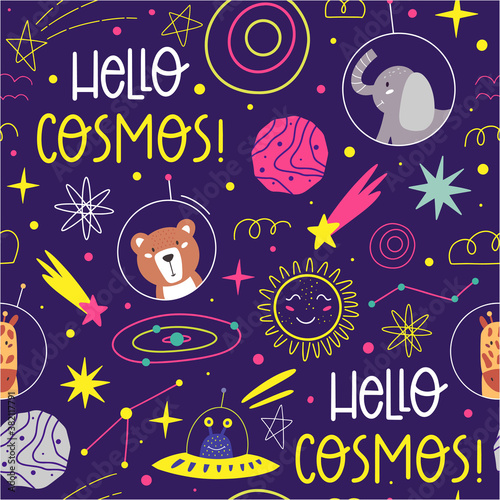 Fototapeta Naklejka Na Ścianę i Meble -  Hand drawn space elements seamless pattern. Cosmos exploration. Space animal clipart with typography.  Vector illustration.