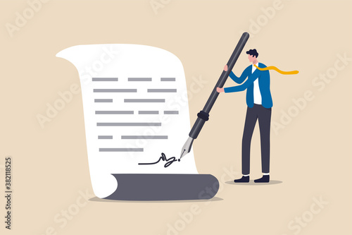 Business deal, agreement, sign contract and paperwork for banking loan, mortgage or government policy, confidence businessman leader or client using fountain pen signing his signature on paperwork.
