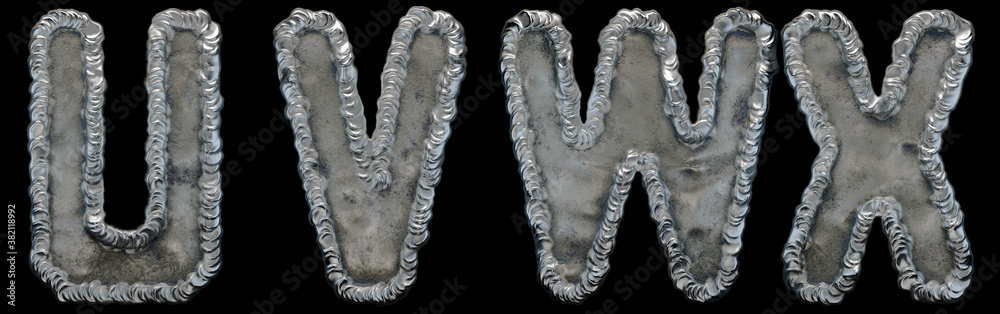 Set of capital letters U, V, W, X made of industrial metal isolated on black background. 3d