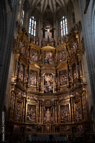 Astorga cathedral interior view of the altar and retablo mayor, example of medieval gothic architecture and sculpture