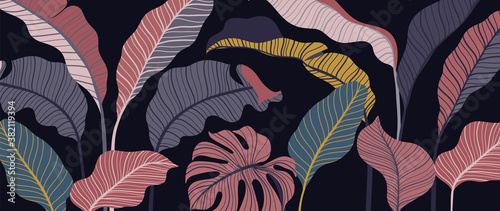 Tropical forest art deco wallpaper. Floral pattern with exotic flowers and leaves, split-leaf Philodendron plant ,monstera plant, Jungle plants line art on trendy background. Vector illustration..