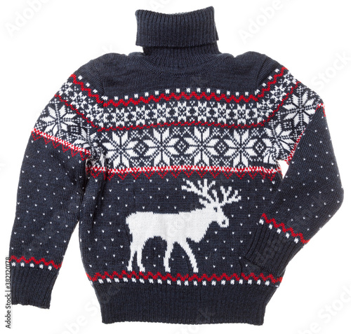 Childrens knitted Christmas turtleneck sweater on white background