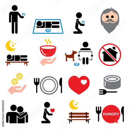 Homeless, poverty, man begging for money icons set - society, helping other people with no home concept
 