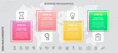 Infographics squares with 4 steps, icons. Vector template used for diagram, business, web, banner, workflow layout, presentations, flowchart, info graph, timeline, levels, chart, processes diagram