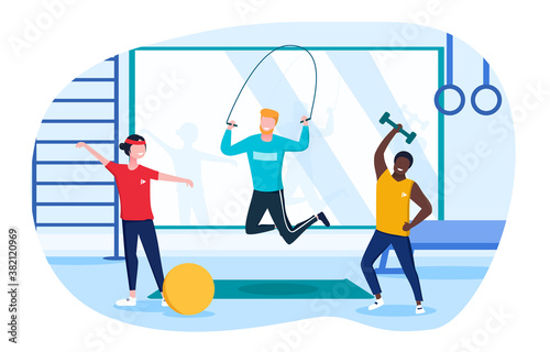 A group of diverse young people training in the gym. A girl stretching, one guy jumping on a rope, and the other lifting dumbbells. Flat cartoon colored vector illustration