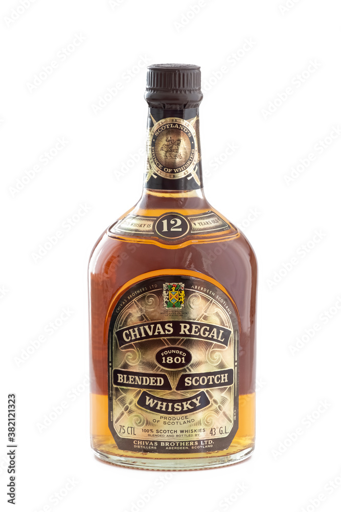 MERSIN, TURKEY, OCTOBER 1, 2020: A bottle af vintage Chivas Regal, a blended  Scotch whisky produced by Chivas Brothers, which is part of Pernod Ricard.  It was founded in 1786. Photos | Adobe Stock