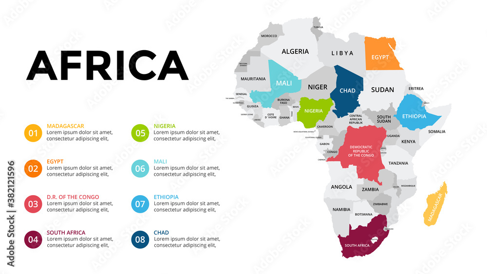 Fototapeta Africa vector map infographic template. Slide presentation. Global business marketing concept. Color country. World transportation geography data.