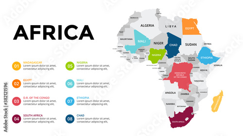 Africa vector map infographic template. Slide presentation. Global business marketing concept. Color country. World transportation geography data. 