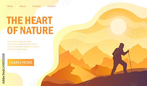 Scenic landscape banner for travel Agency advertising. Vector illustration. Landing page or web page template.