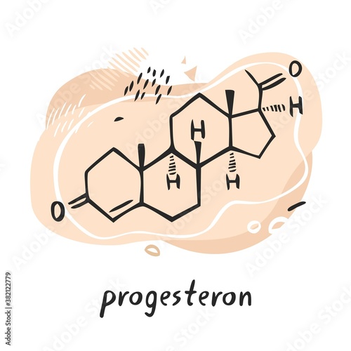 Progesterone formula. Sexual hormone hand drawn by line on the background of abstract objects and shapes. Symbol for biology, chemistry, naturopathy, medicine. Flat cartoon vector illustration.