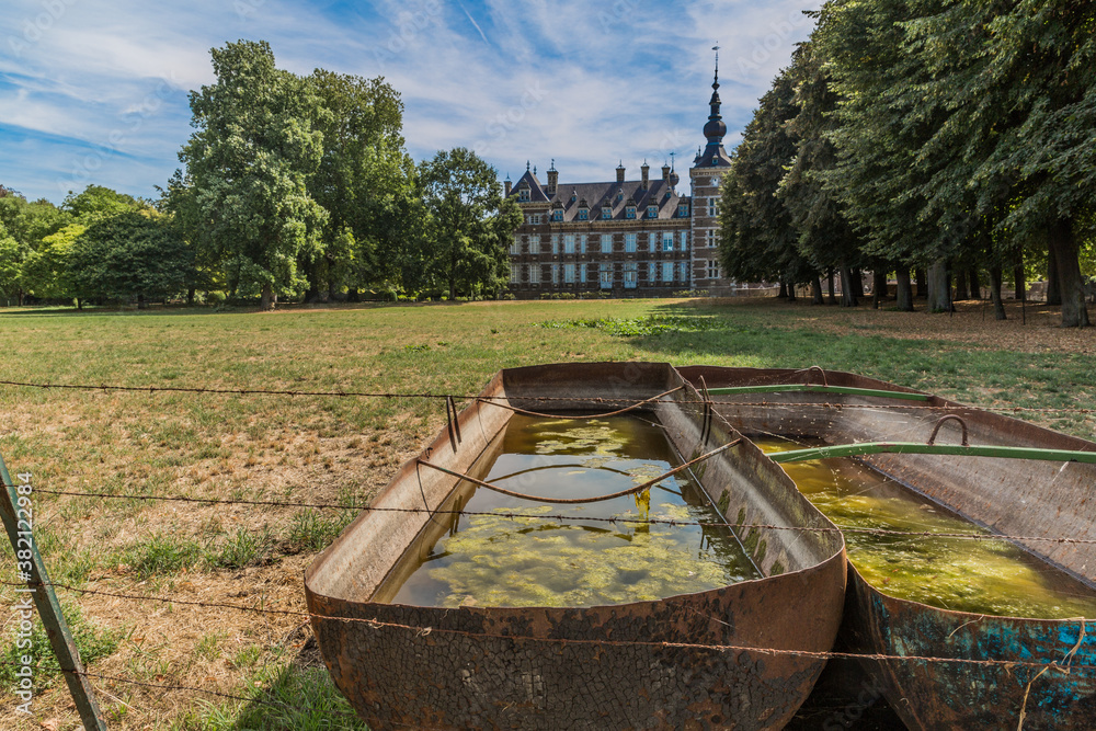 Gardens with old rusty metal sprues for livestock with stagnant water with spawning frog rubbing in the water, Eijsden castle and lush trees in the background, sunny day in South Limburg, Netherlands