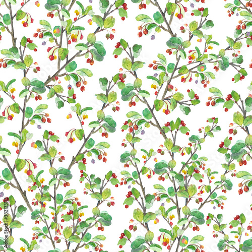 Watercolor seamless pattern with berries on a branch
