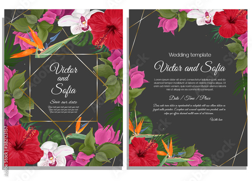 Wedding invitation template on dark background. Tropical leaves and flowers, orchid, hibiscus, bougainvillea, striilizia, monstera, palm leaves.