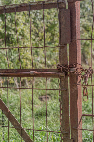 Closeup of a completely rusty metal gate closed with a chain with green vegetation in the blurred background, sunny day in the Netherlands Holland