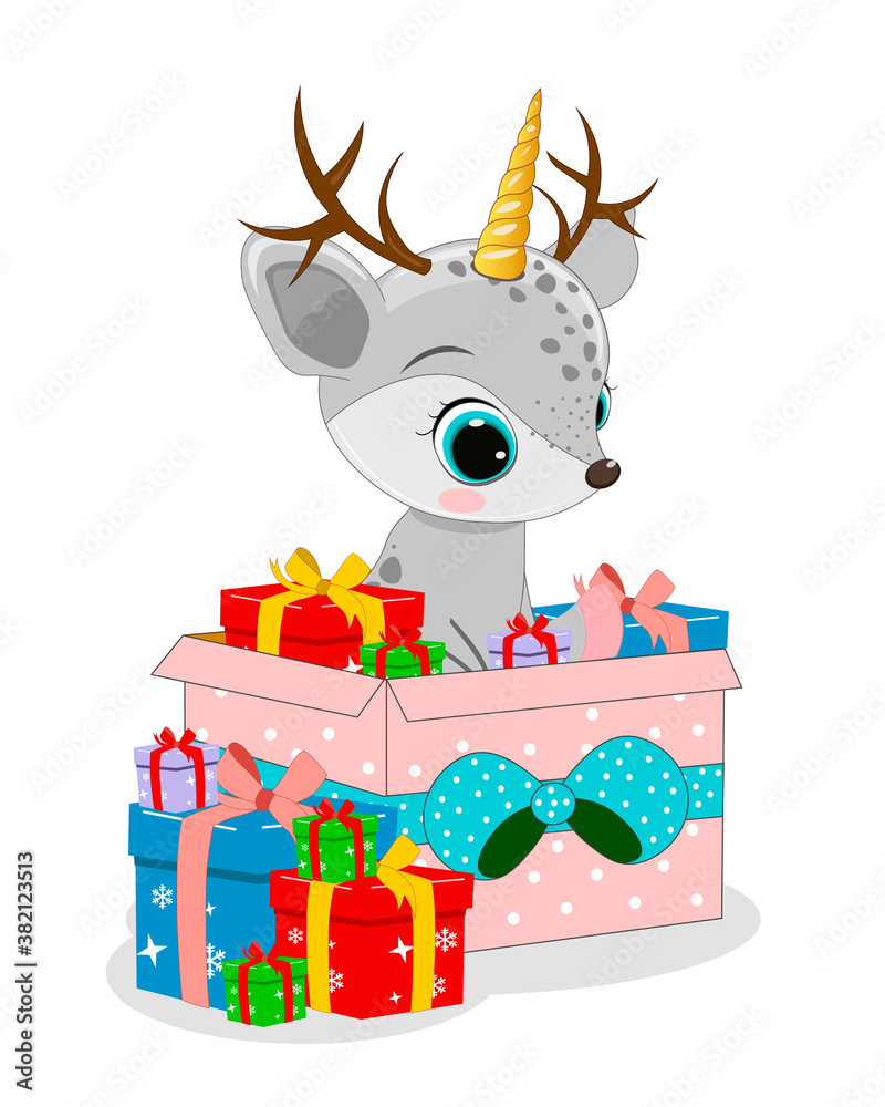 Naklejka premium Vector cute little deer-unicorn illustration . Christmas gift. Birthday gift. Perfect for greeting cards, party invitations, posters, stickers, pin, scrapbooking, icons.