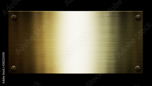 Gold or brass sign metal plate on black background. 3d illustration.