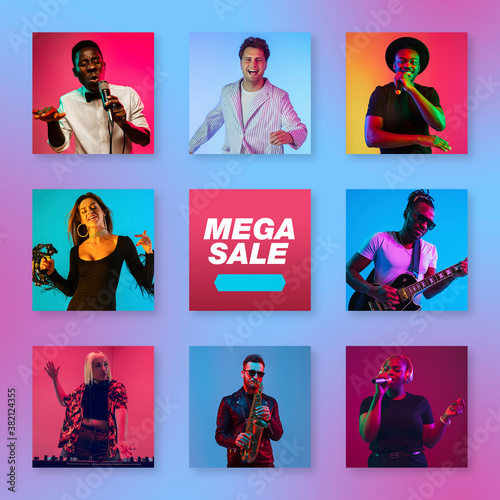 Bright portrait of people on multicolored background. Collage made of 8 models. Concept of human emotions, facial expression, advertising. Happy, smiling, cheerful, successful. Diversity. Mega sale