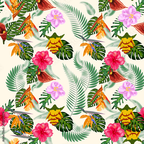 Seamless tropical pattern with palm, monstera leaves and many flowers of hibiscus, sterlitz, tropical