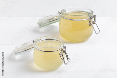 Bone broth made from chicken, beef or lamb in a glass jar