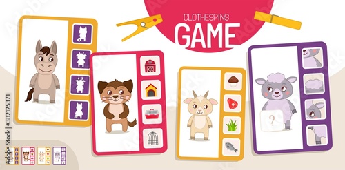 Educational  game for children. Toddler Activity Clothespins Cards. 