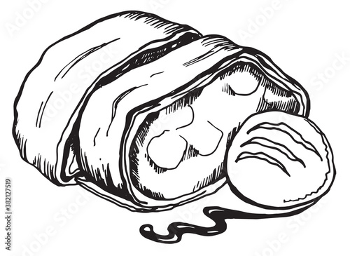 hand draw line art sketch, vector black and white illustration, strudel french cuisine, ise cream
