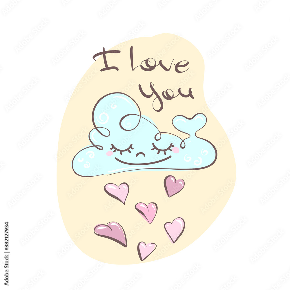 I love you- lettering handwriting, beautiful inscription decorated cloud with hearts, symbol of eternal love. Doodle for textiles, t-shirts or postcards. I love you- lettering handwriting, beautiful inscription decorated cloud with hearts, symbol of eternal love. Doodle for textiles, t-shirts or postcards.