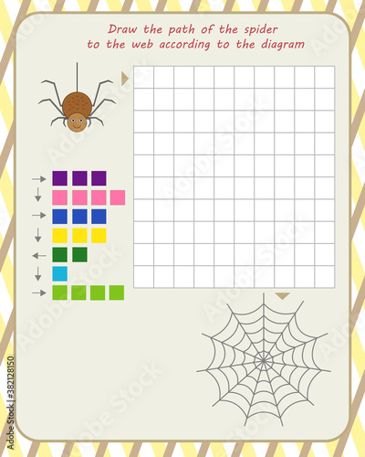 logic game for children. draw the path of the spider to the web according to the diagram