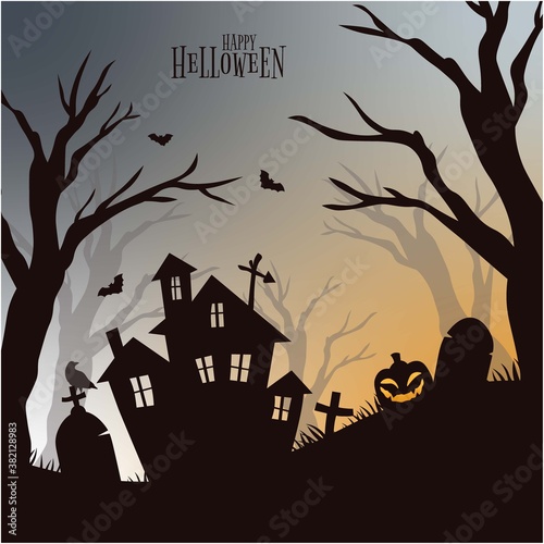 Creepy happy halloween party invitation background. Flat vector.
