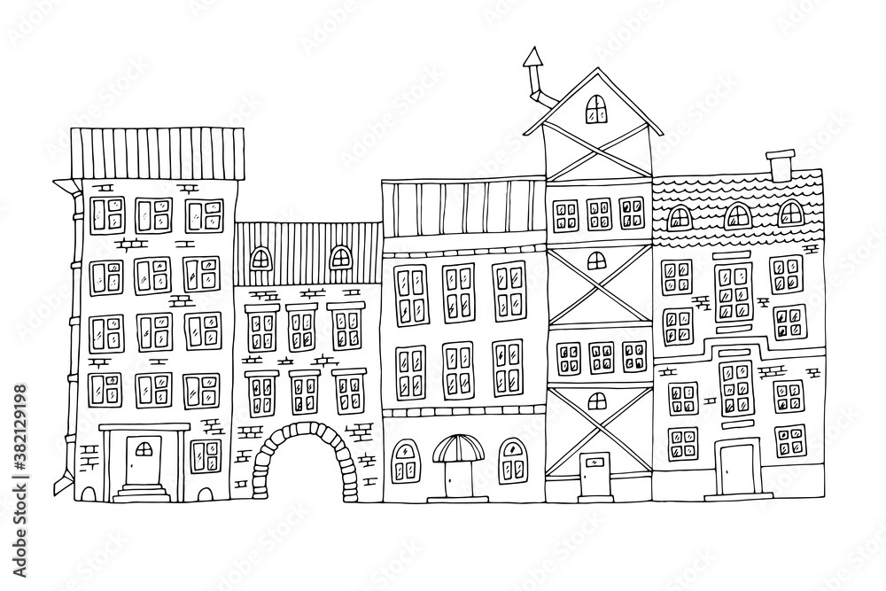 A city with different houses. The street. Coloring. Black and white outline. Doodle vector illustration, hand drawn.