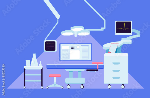 Surgery room flat cartoon illustration. Medical office banner. Operating room design.