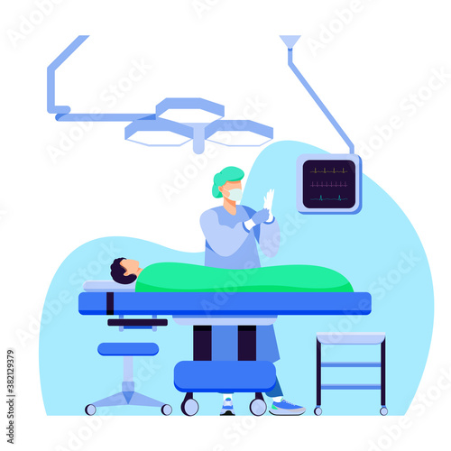 Surgeon in operating room flat cartoon illustration. Medical banner. Emergency concept design.