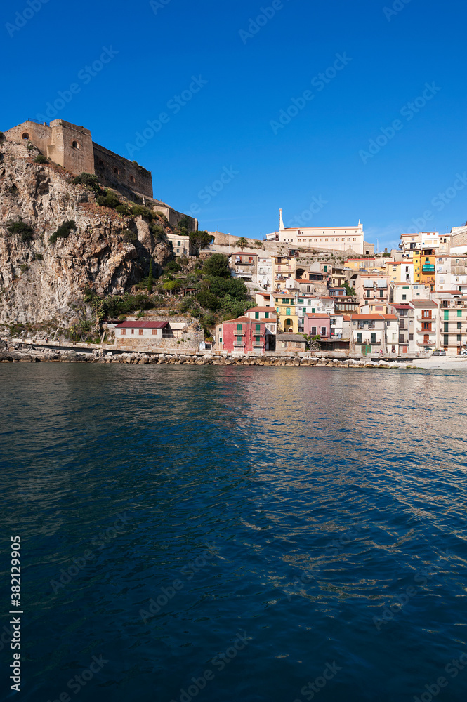 View of the village from the sea with the castle of Ruffo di Calabria, Scilla, district of Reggio Calabria, Calabria, Italy, Europe
