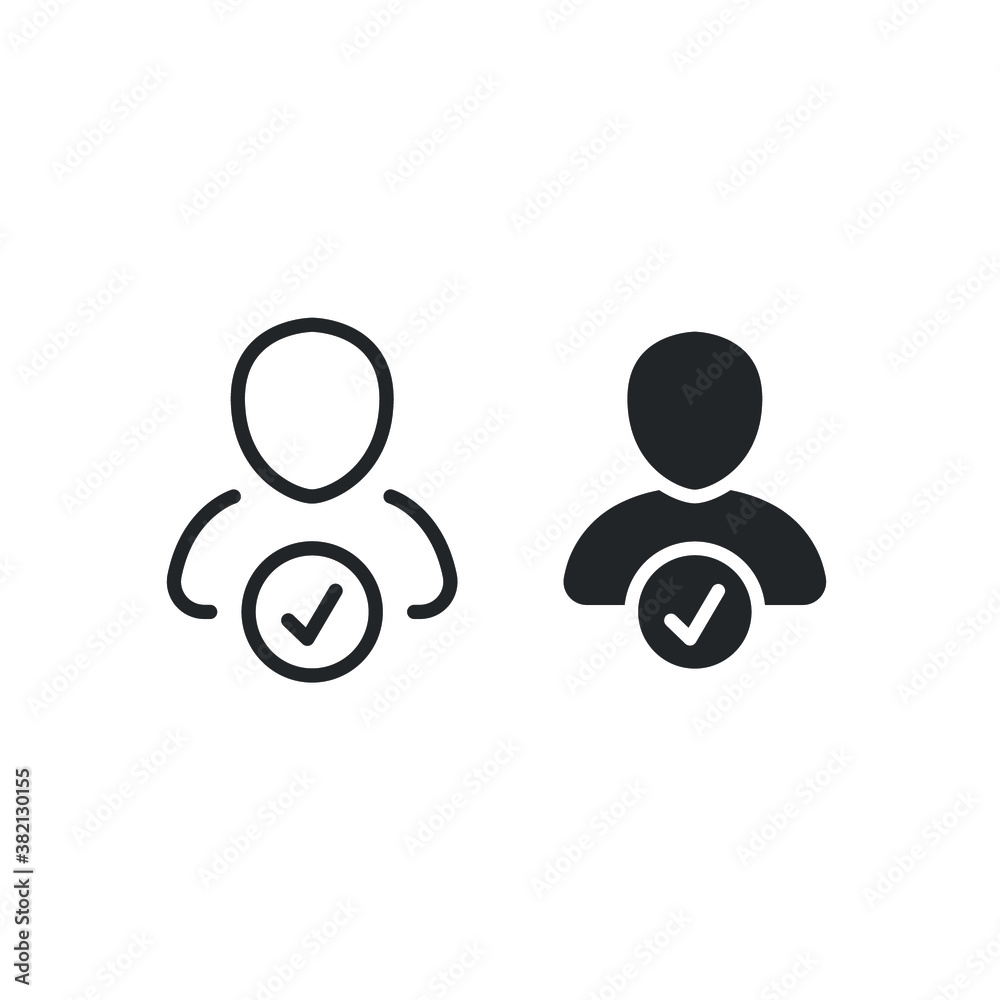 Valid user line and glyph icon. Human profile account check mark, avatar button. User authorized, Checked verified member, applied person sign Vector illustration. Design on white background. EPS 10 Valid user line and glyph icon. Human profile account check mark, avatar button. User authorized, Checked verified member, applied person sign Vector illustration. Design on white background. EPS 10