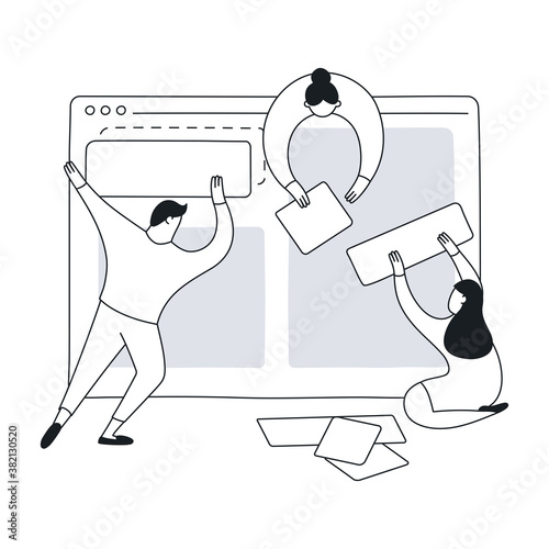 Web design, prototyping, creation of the website interface. Team of designers and developers construct an interface from blocks. Flat clean line vector illustration on white